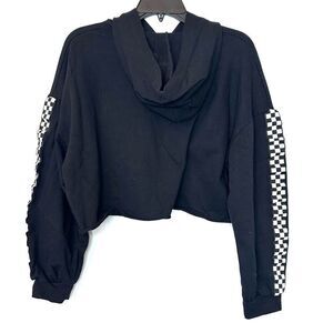 Tres Bien Raw Hem long Sleeve Checkered Racing Cropped Pullover Hoodie Sweatshir